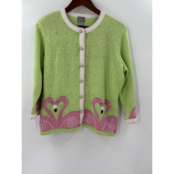 VINTAGE BEREK Green / Pink Flamingo Cardigan Sweater With Sequins - MEDIUM - Picture 1 of 12
